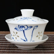 Load image into Gallery viewer, china tea cup--Exquisite hollow blue and white porcelain underglaze colored ceramic Kung Fu tea set Sancai covered bowl tea bowl
