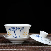 Load image into Gallery viewer, china tea cup--Exquisite hollow blue and white porcelain underglaze colored ceramic Kung Fu tea set Sancai covered bowl tea bowl
