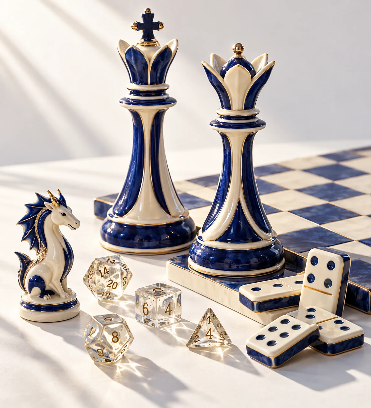 Design inspiration: sculptural blue and white porcelain chess pieces, polyhedral dice and dominoes.